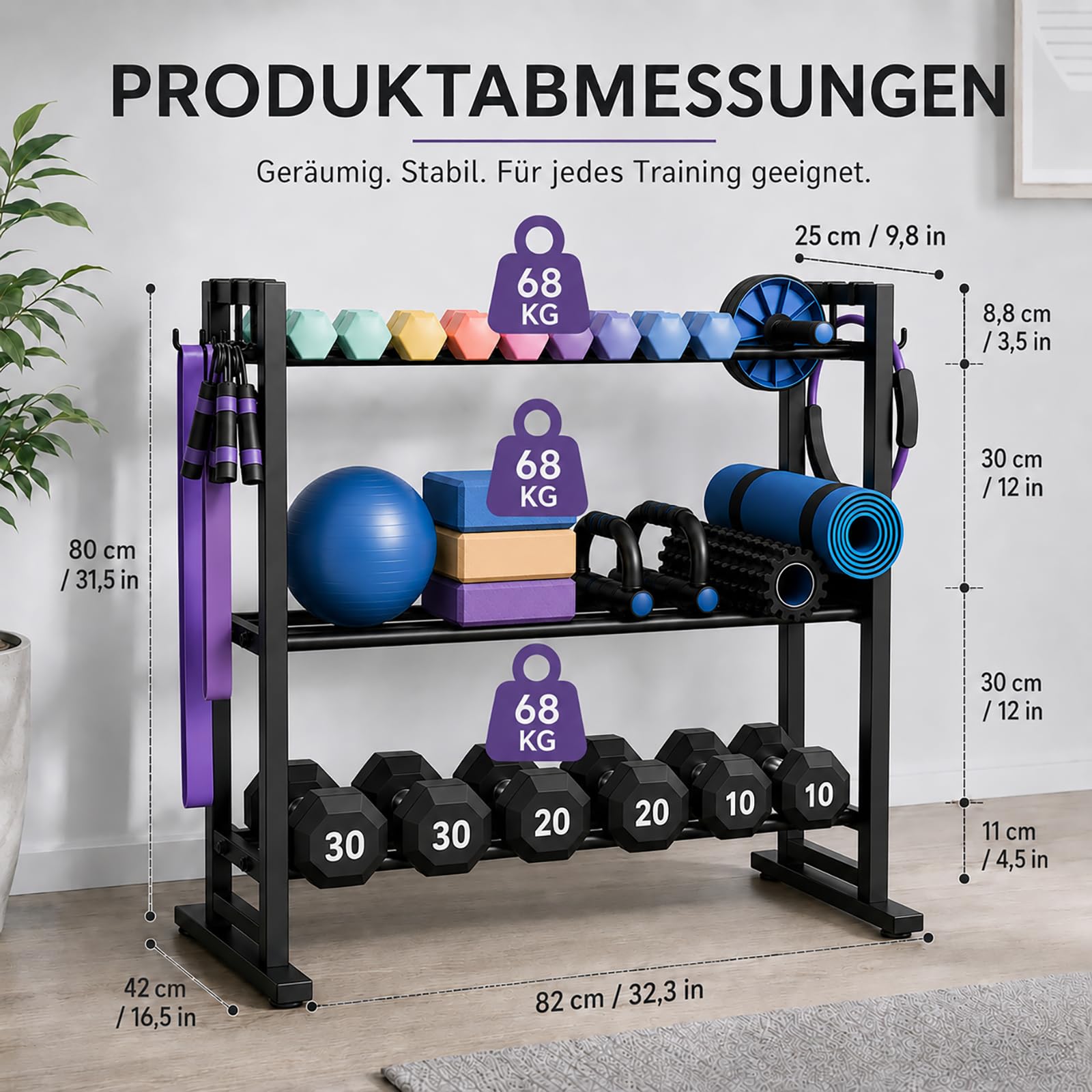 3-Stöckiger Hantelständer, 204kg / Verlängerter Sockel Hantelablage | Breite Verstellbarer, 6 * Seitlichen Haken, 82 × 42 × 80 cm, Kurzhantel Ständer Fitnessgeräte Aufbewahrung für Home Gym