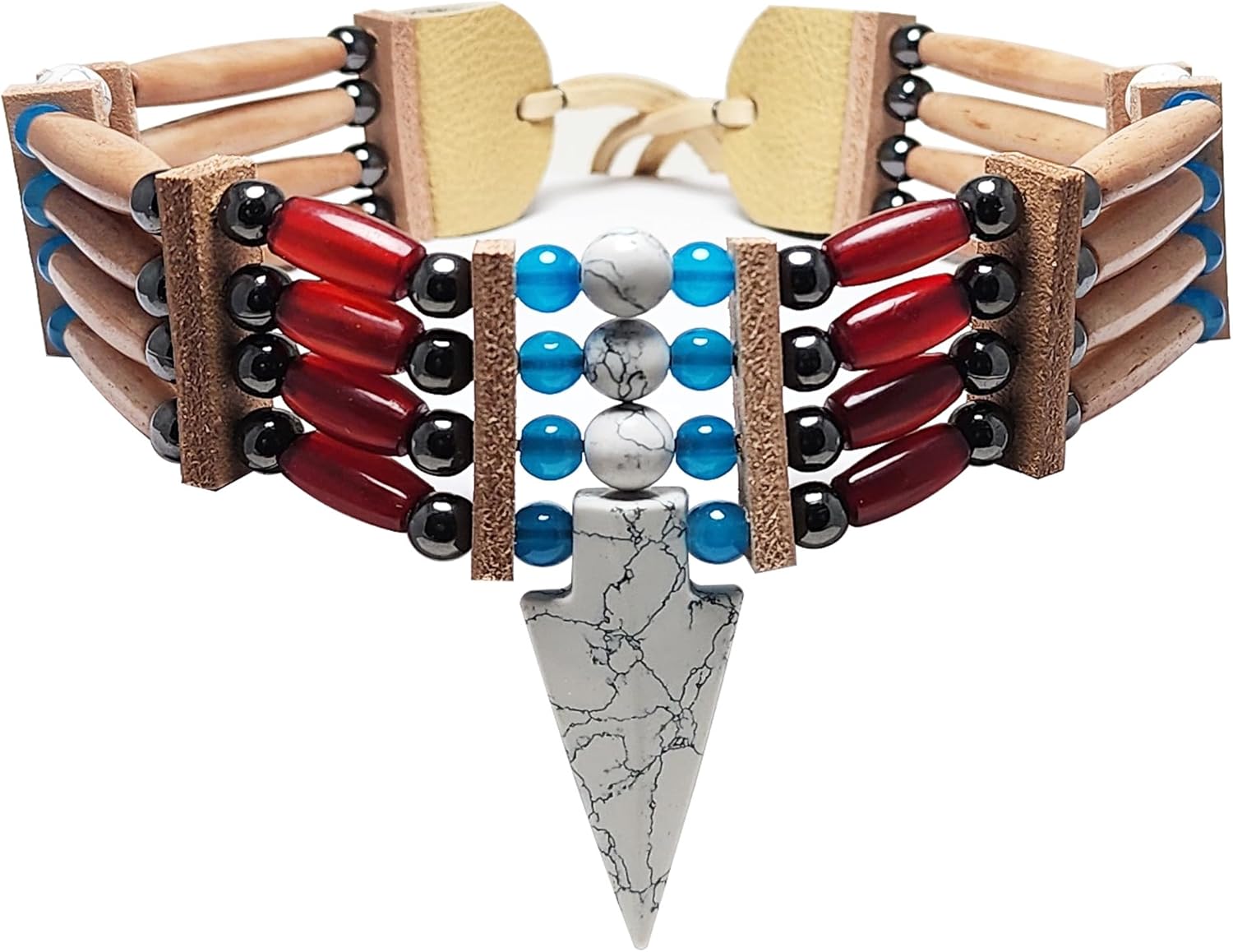 Traditional 4 Row Buffalo Bone Hairpipe Beads Tribal Choker Necklace with Arrowhead Pendant