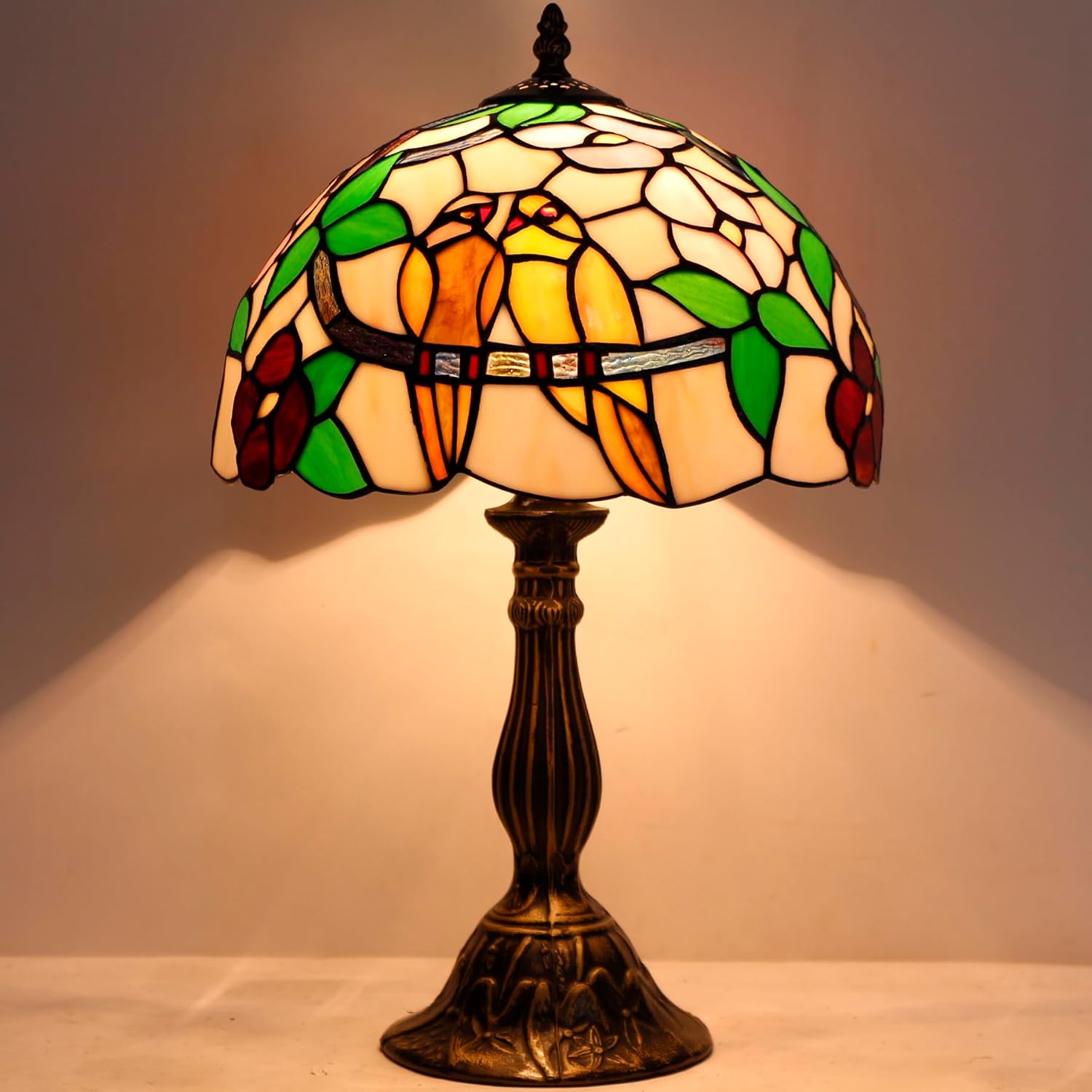 WERFACTORY Tiffany Table Lamp Stained Glass Bedside Lamp Double Tropical Birds Desk Reading Light 12X12X18 Inches Decor Bedroom Living Room Home Office S803 Series