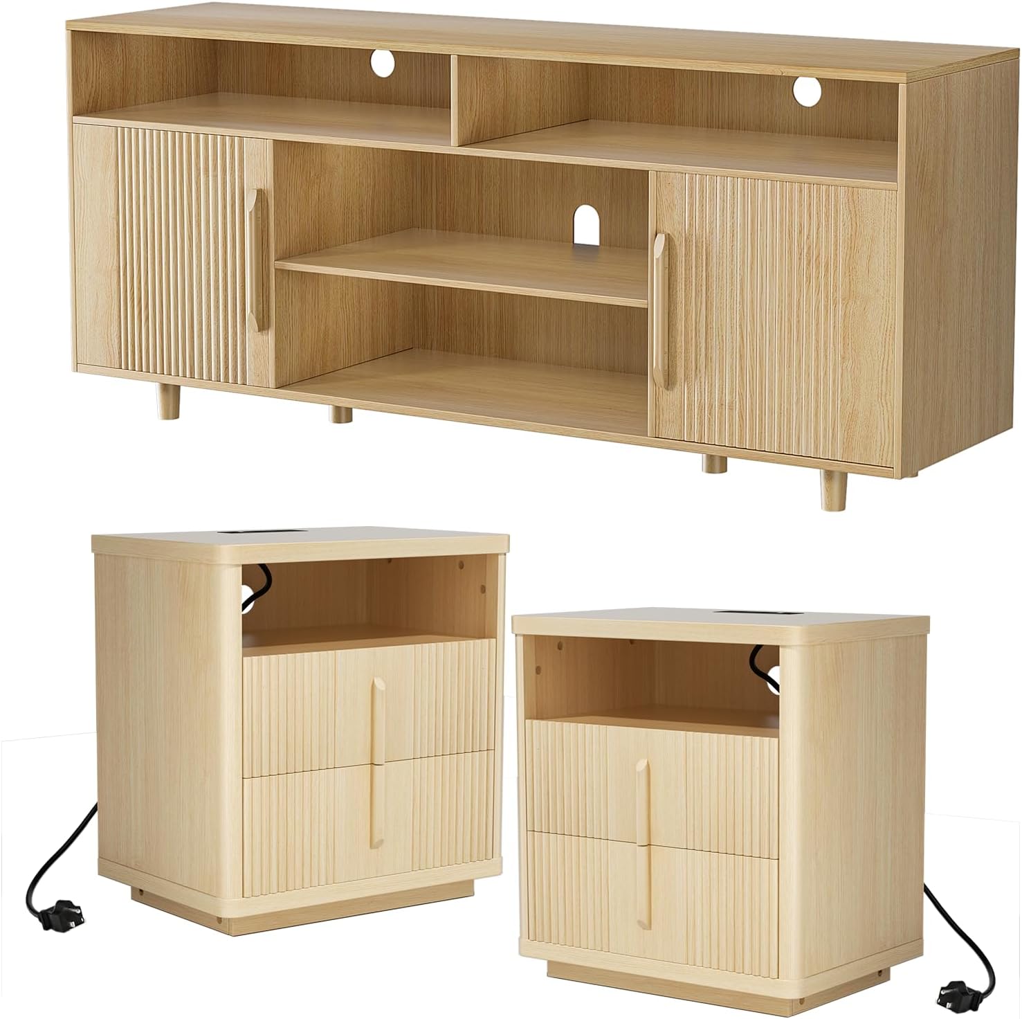 Fluted Modern 3-Piece Living Room TV Stand and End Table Set, TV Console and Nightstand Set of 2, Entertainment Center with Storage for 65 inch TV, 2 Drawers Night Stand with Charging Station(Wood)