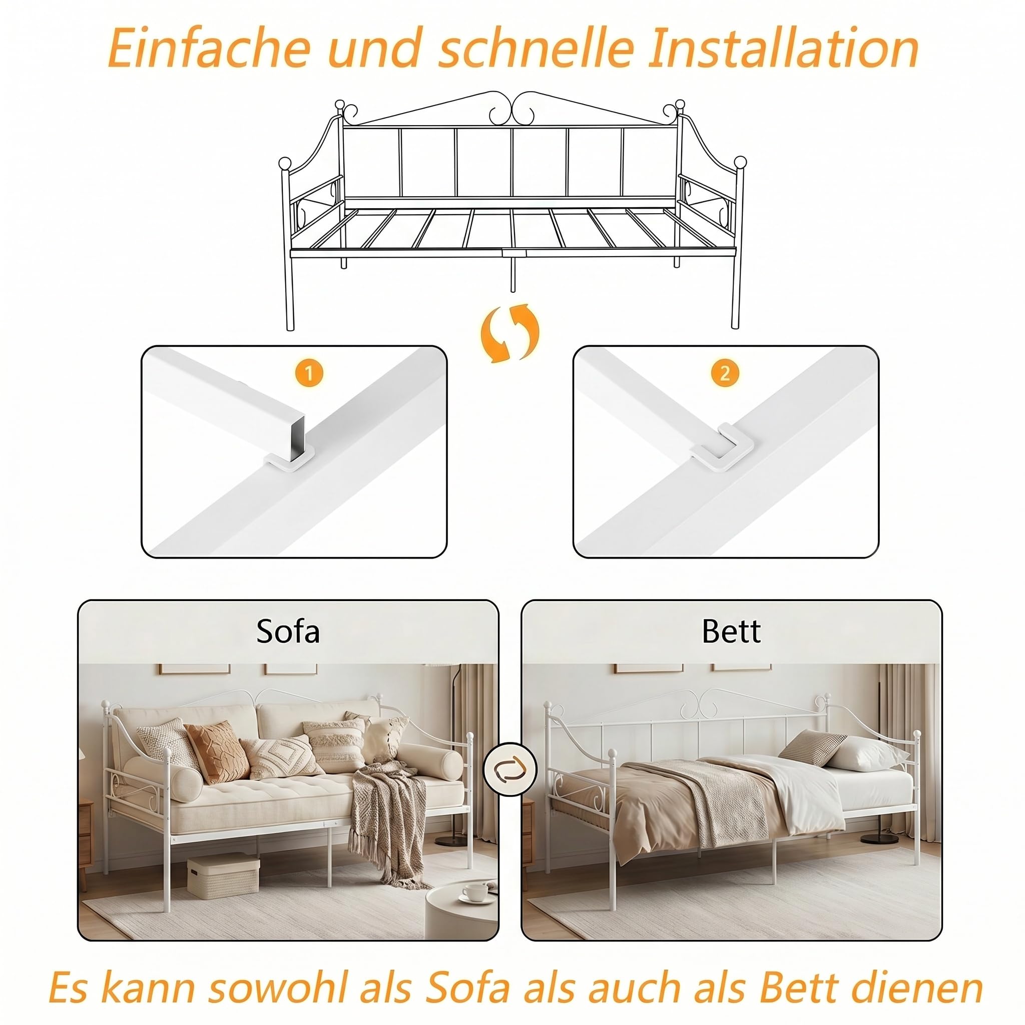 Outdoor Coch Sofa Cama Individual Somier Metal 90x190 Sofa Bed Divan Cama para Colchón de 90x190 cm, Sofá Camas de Hierro Forjado para Dormitorio/Sala Estar/Terraza/Jardín/Blanco/A