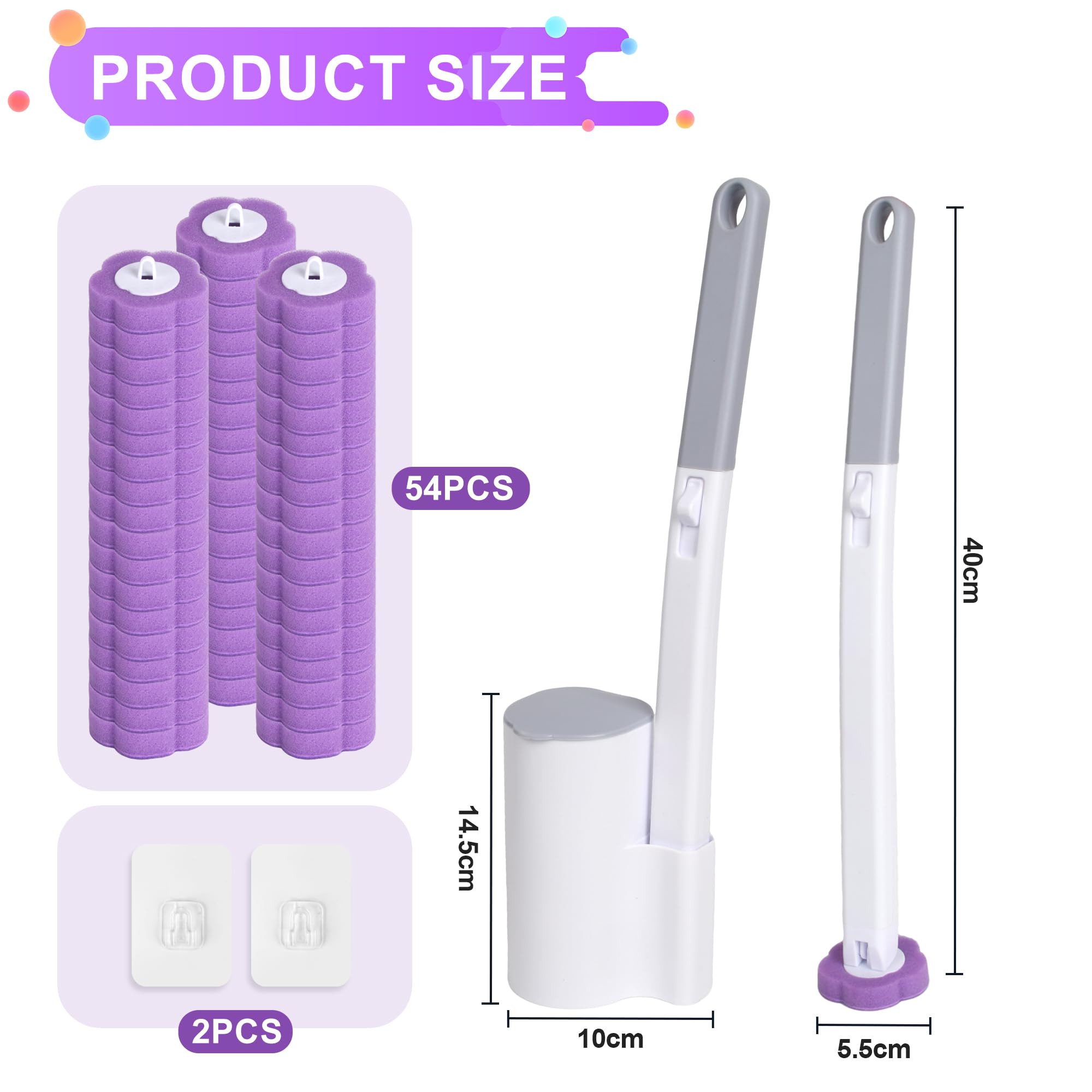 Monouso Scopino Bagno WC, confezione da 2 con manico estensibile e supporto. Spazzolone Bagno WC, fornito con 54 ricariche per la pulizia di bagni, vasche da bagno, lavandini e pavimenti (Viola)