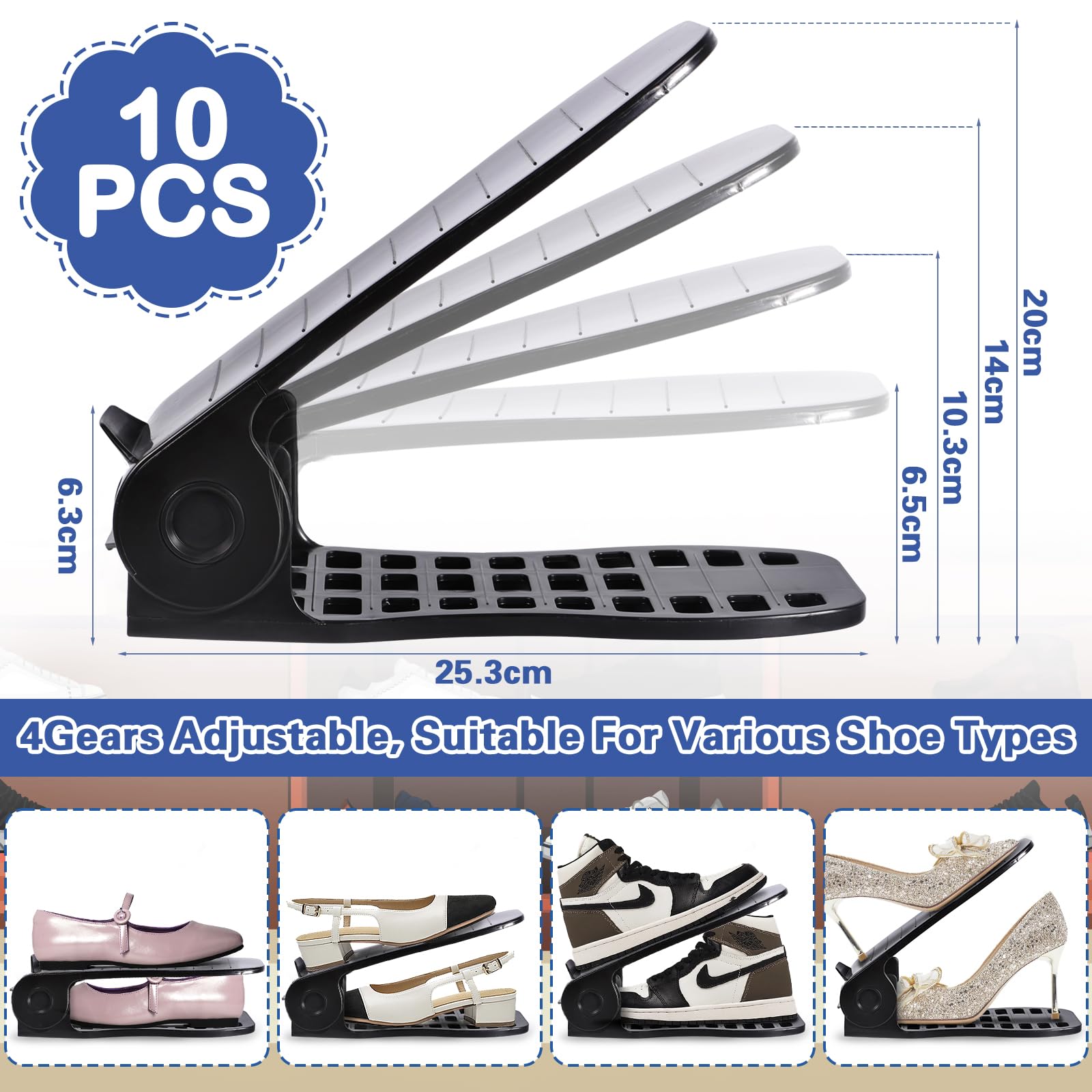 10 Supports à Chaussures Réglables Empilables - Gain De Place, Antidérapants, En Plastique PP Blanc Ou Noir, Pour Ranger Tous Types De Chaussures