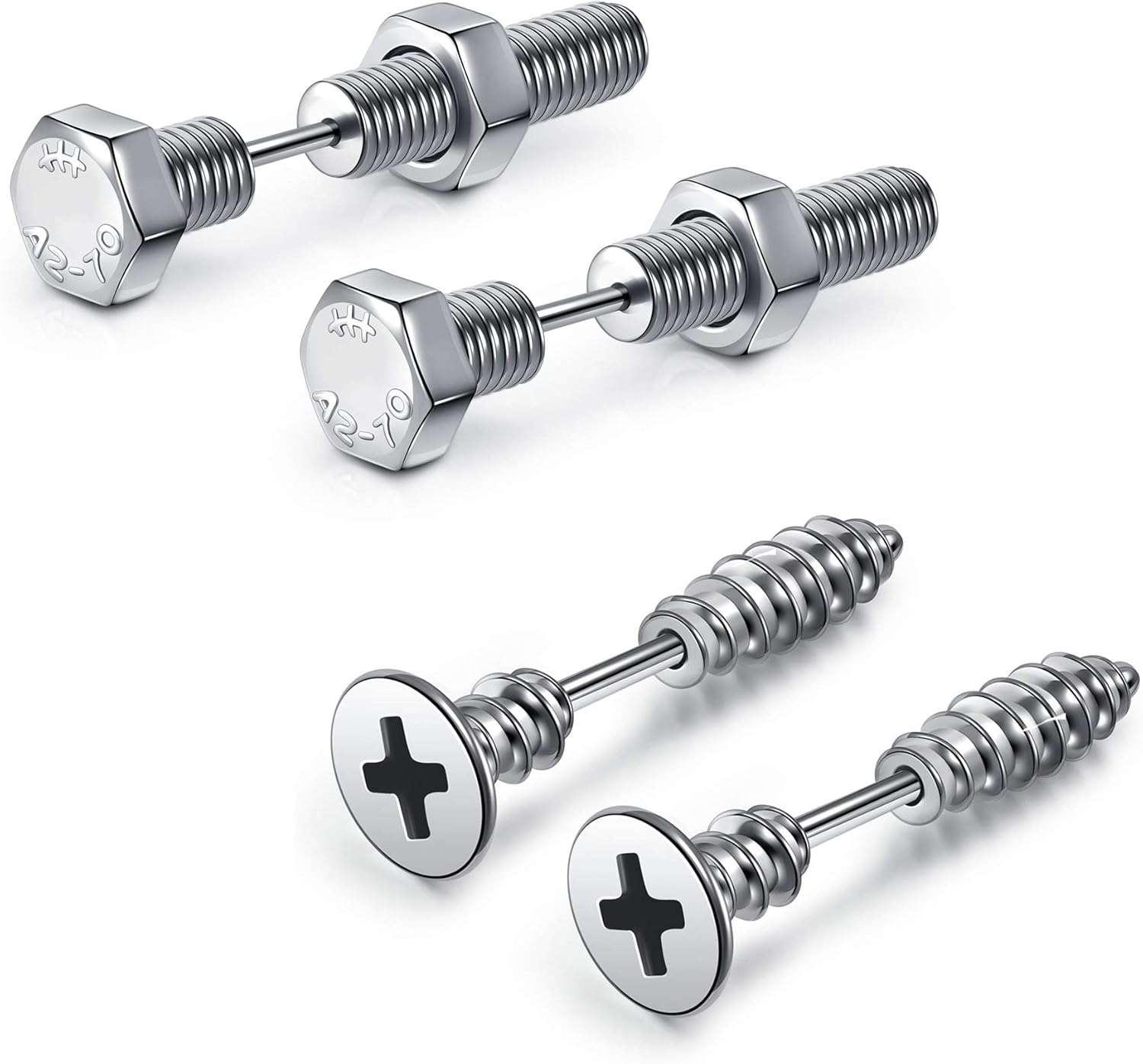 JOVIVI 2 Pairs Punk Stainless Steel 16G Silver Black Screw Stud Earrings for Men Women Body Piercing Jewelry