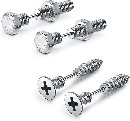 JOVIVI 2 Pairs Punk Stainless Steel 16G Silver Black Screw Stud Earrings for Men Women Body Piercing Jewelry