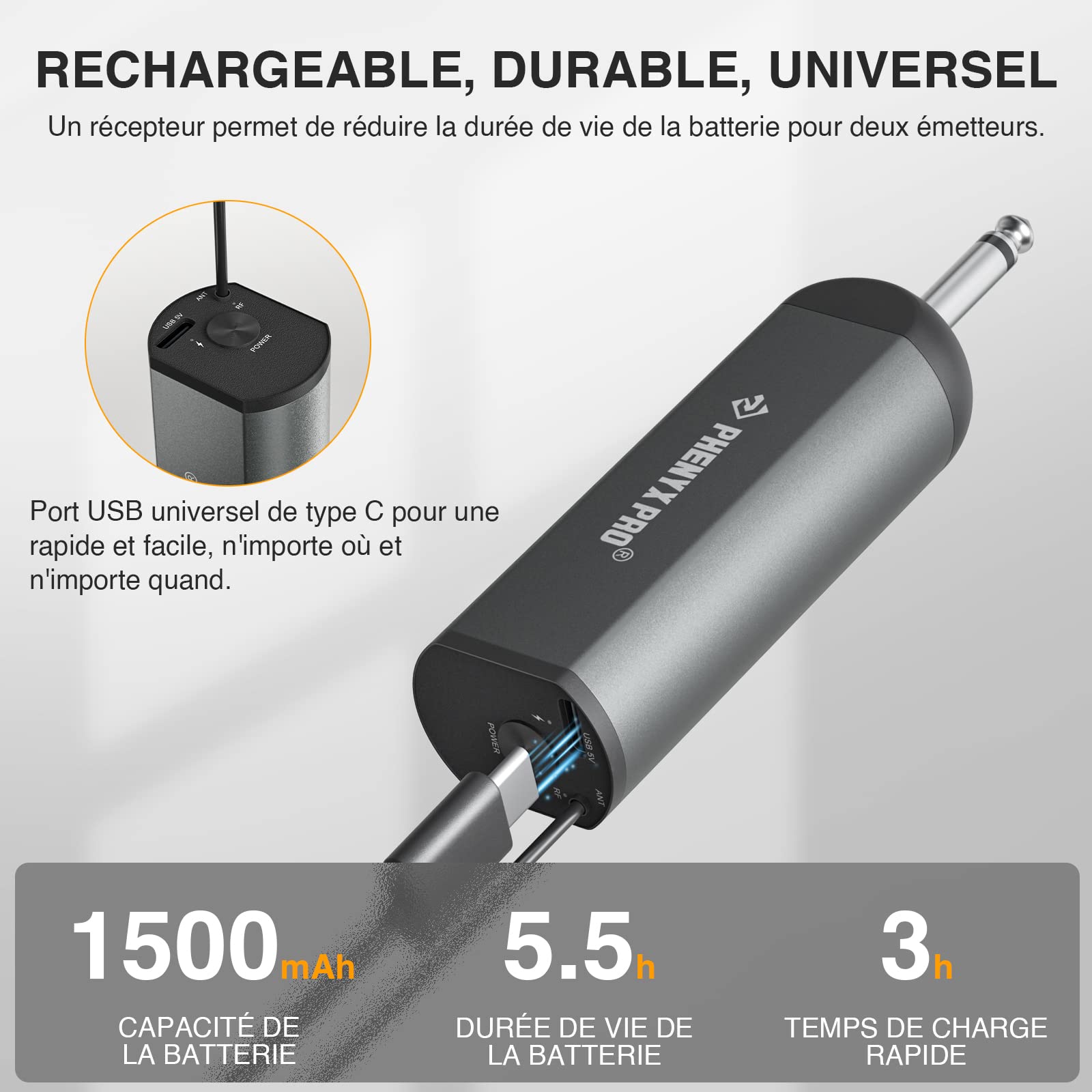 Phenyx Pro Système de Micro sans Fil numérique Simple,avec 1 Microphone Dynamique à Main,Mini récepteur,5 fréquences UHF,Microphone sans Fil en métal pour Chanteur,karaoké, Mariage(PDP-1)