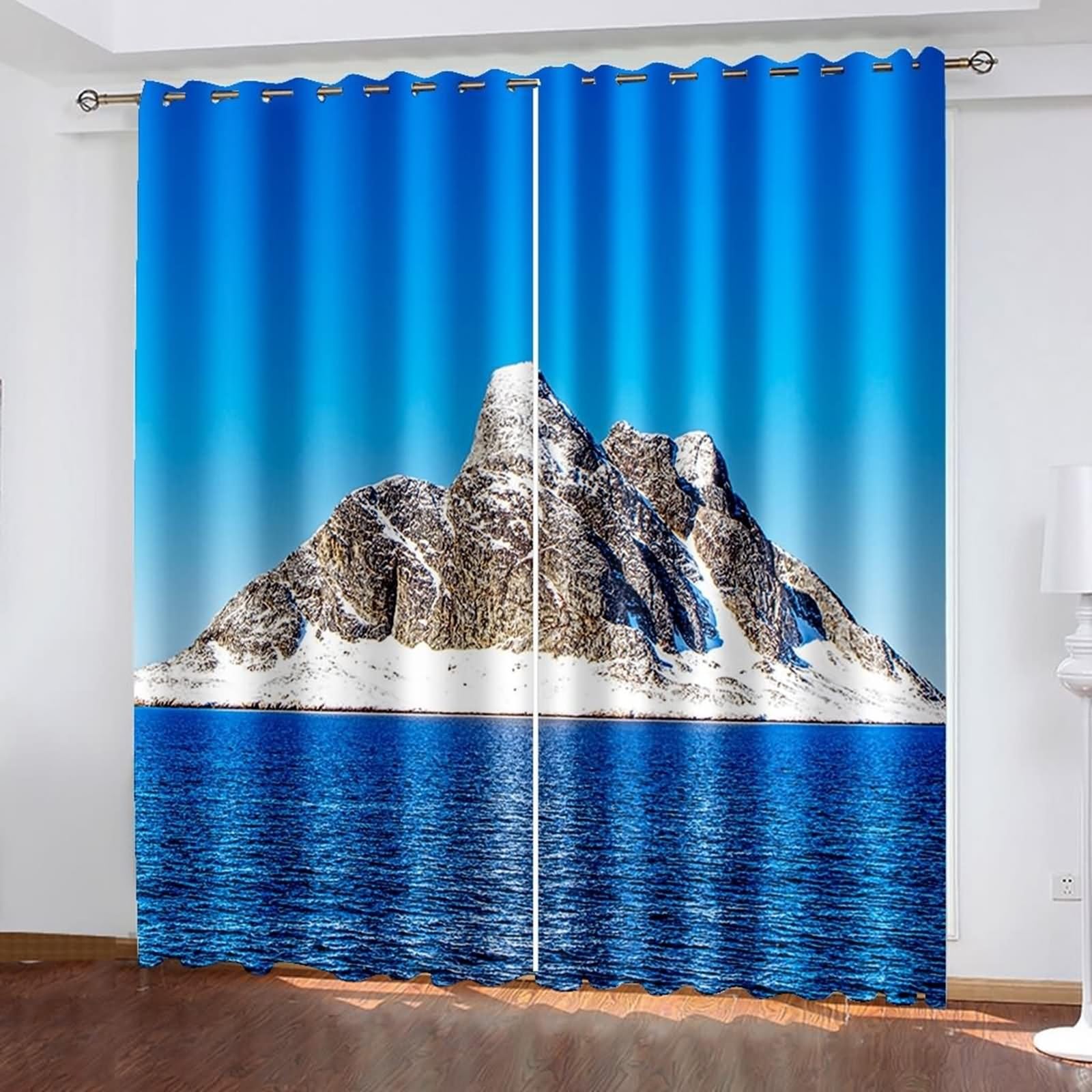 Verdunklungsvorhänge Wohnzimmer, Gardine Verdunkelung Blau Grau Weiß Blauer Himmel, Berge und See Polyester 2er Set 488x214cm