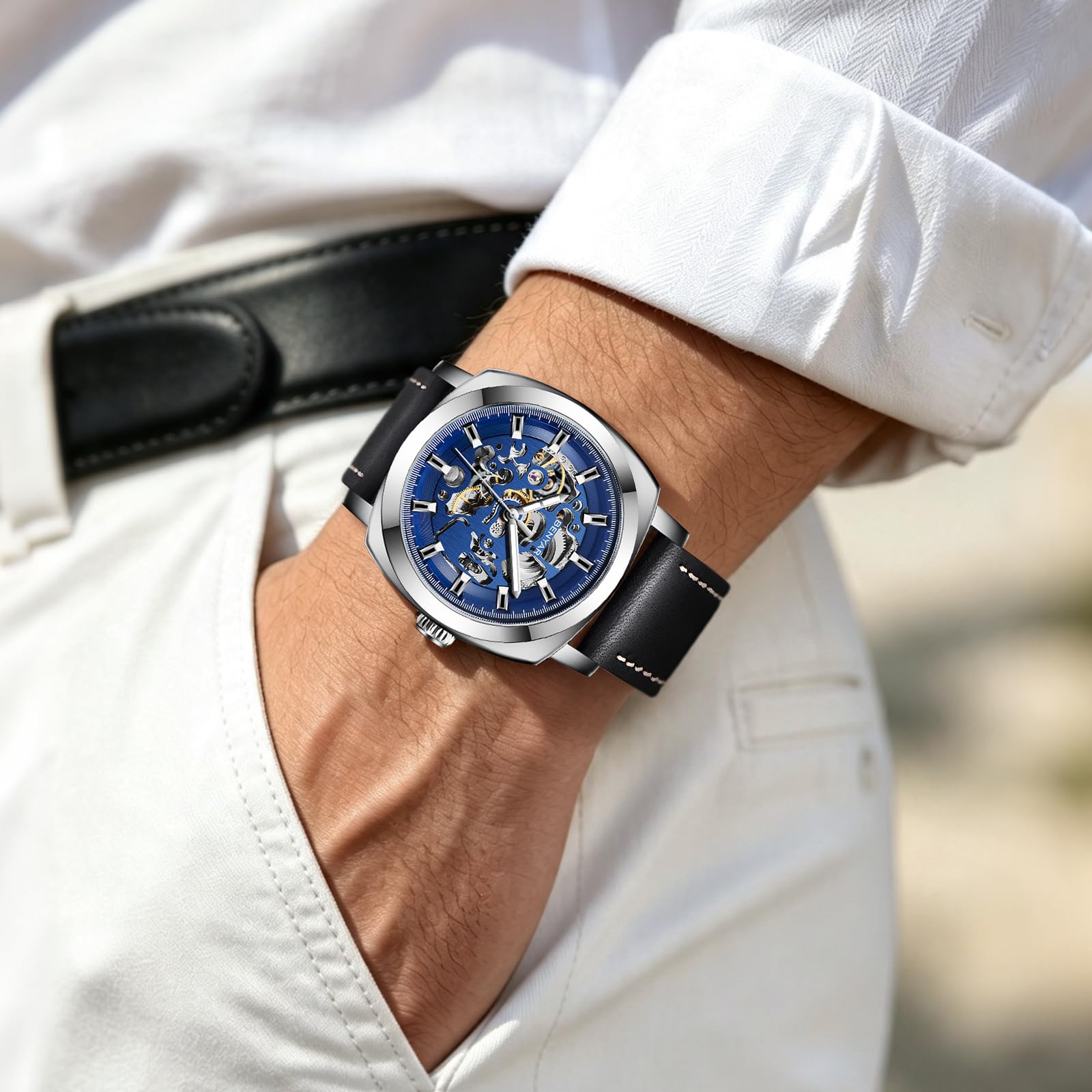BENYAR - Orologio da uomo meccanico automatico, cinturino in pelle, movimento dorato, quadrante scheletro da 45 mm, resistente all'acqua e ai graffi, elegante regalo da uomo