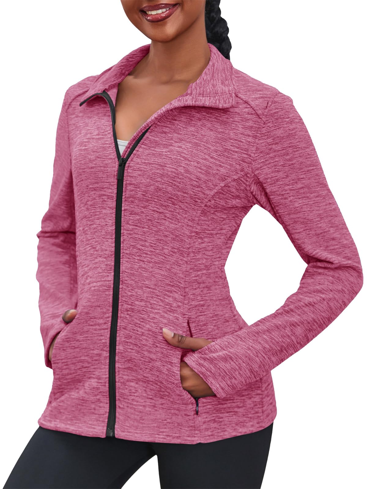 Fisoew Damen Laufjacke Slim Fit Sportjacke Langarm Trainingsjacke Fitness Full Zip Fleece Activewear mit Daumenloch Taschen