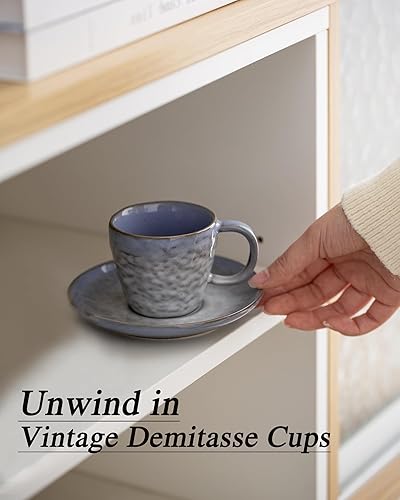 Miniatura 8 de Juego de 4 tazas de café italiano de 3 onzas, tazas de café expreso dobles de cerámica vintage con platillos, juego de tazas de café Demitasse