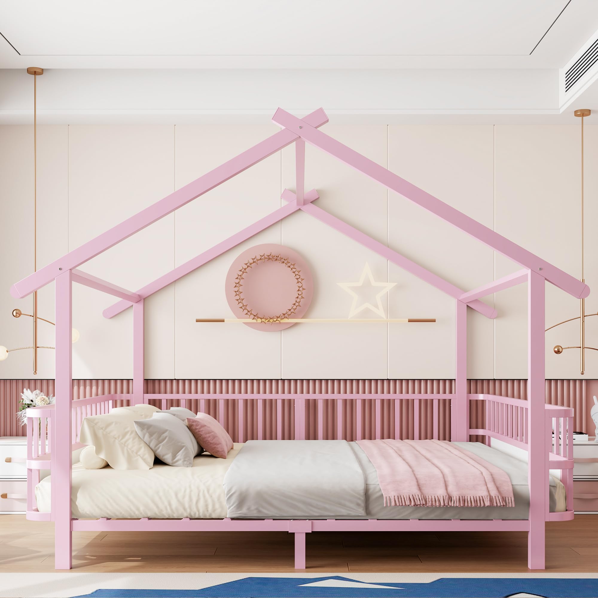 Merax Kinderbett aus Metall in Hausform 140x200 cm mit Sicherheitsgitter & Dachdesign – Rosa (Ohne Matratze)