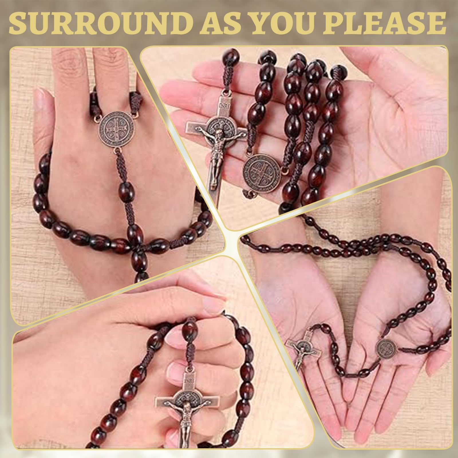 Croce in Legno con Rosario Cattolico, Collier Femme Mini Croce, Collana Personalizzata Bead Mala Uomo Donna Gioielli, Collana Classica in Legno con Perle Rotonde Rosario