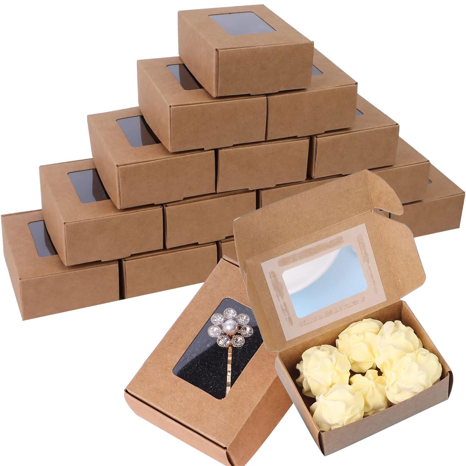 Brown Kraft Cookie Box, 96Pcs Mini Bakery Boxes with Clear Window, Premium Small Paper Gift Box for Soap Packaging Favor Treat Bakery Candy, Wedding Gift, Small Crafts, Jewelry Display (8.5 * 6.*3CM)