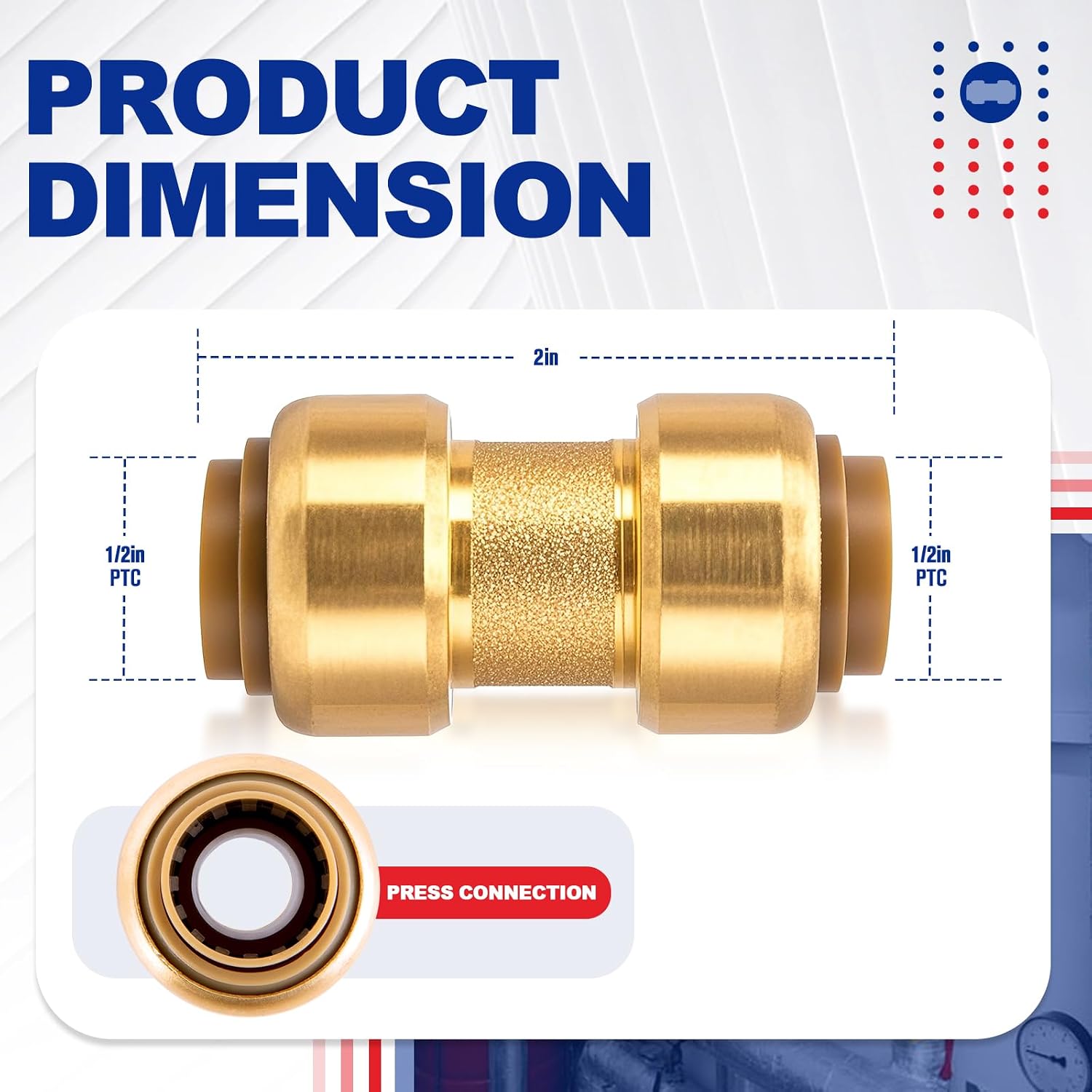 1/2 Inch Straight Coupling Push-Fit Fitting to Connect Pex, Copper, CPVC Pine, No Lead Brass Push to Connect Fittings (pack of 12)