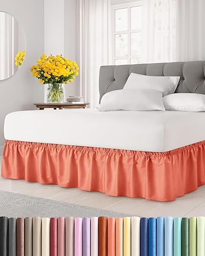 Falda de cama envolvente con volantes, color coral, para camas de tamaño Queen con altura de 38 cm CGK Linens - Falda de cama plisada con tela