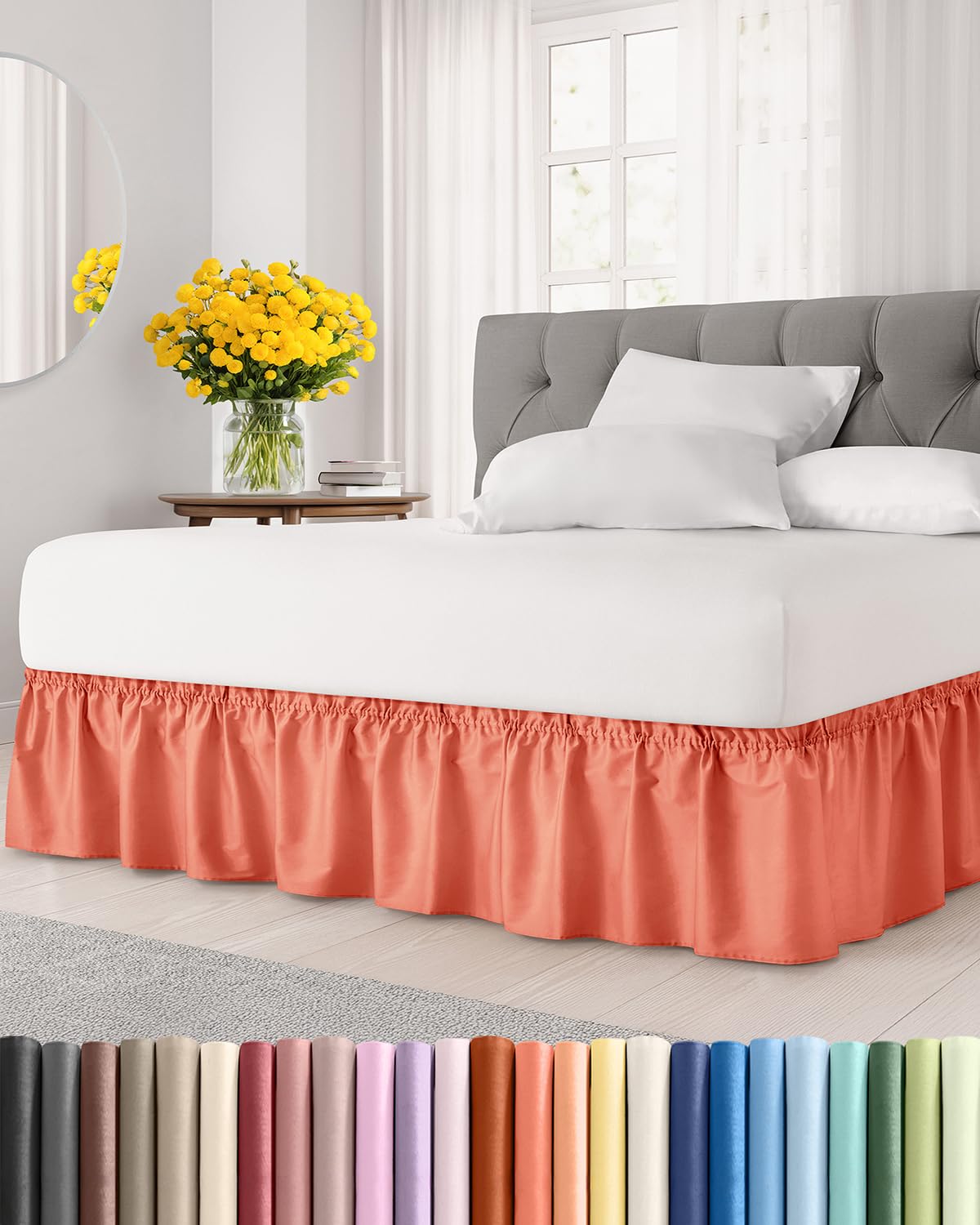 Wrap Around Dust Ruffle Bed Skirt - Coral - for Queen Size Beds with 21 Inch Drop - Easy Fit Elastic Strap - Adjustable Pleated Bedskirt w/Brushed