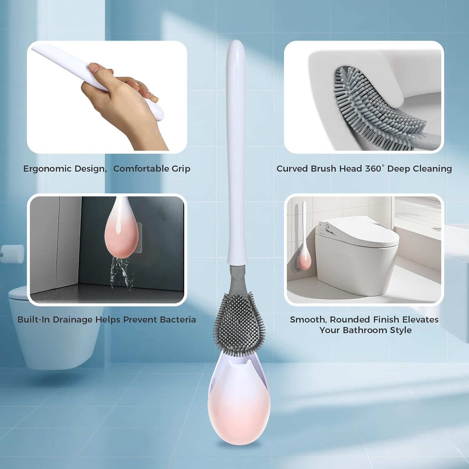 Cute Water Drop Silicone Toilet Brush Set with Holder, Bathroom Cleaning Toilet Scrubber, Stylish Bathroom Accessory(Cream White) image 4