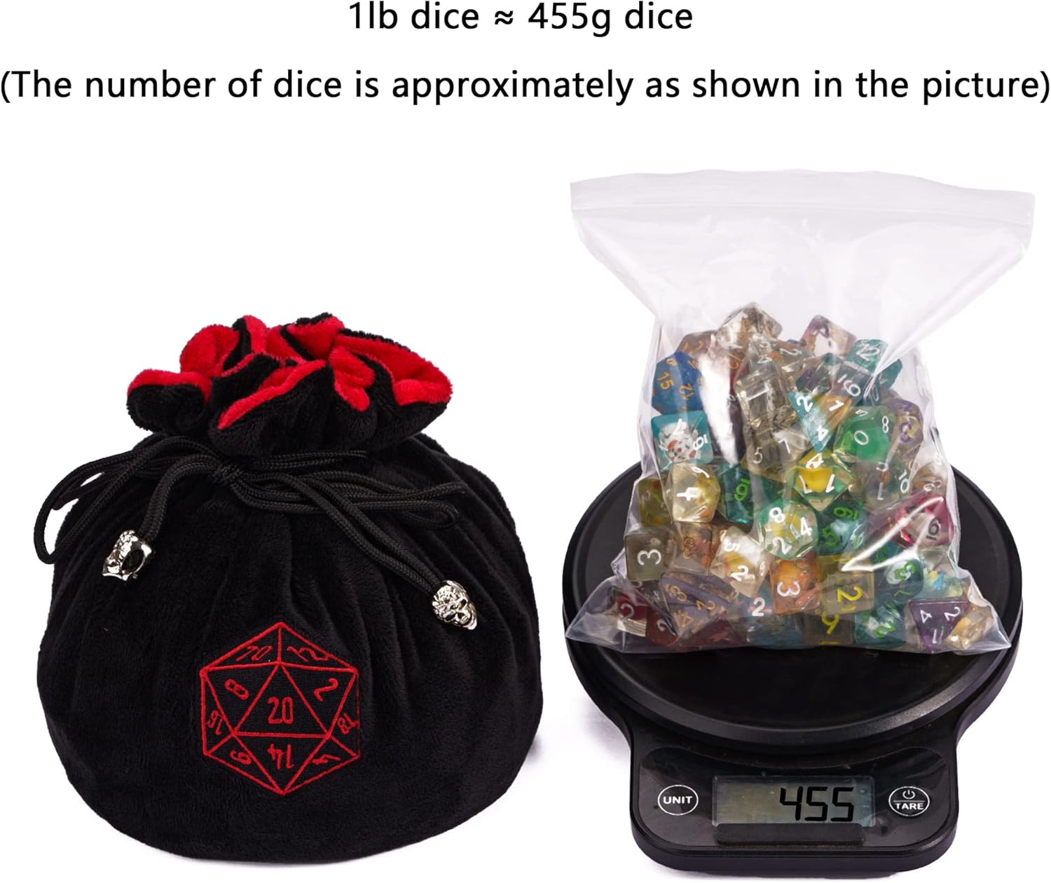 Large DND Dice Bags with Pockets Black Storage Bag D20 Logo for D&D RPG Game Dices (with 1lb Random Polyhedral Dice)
