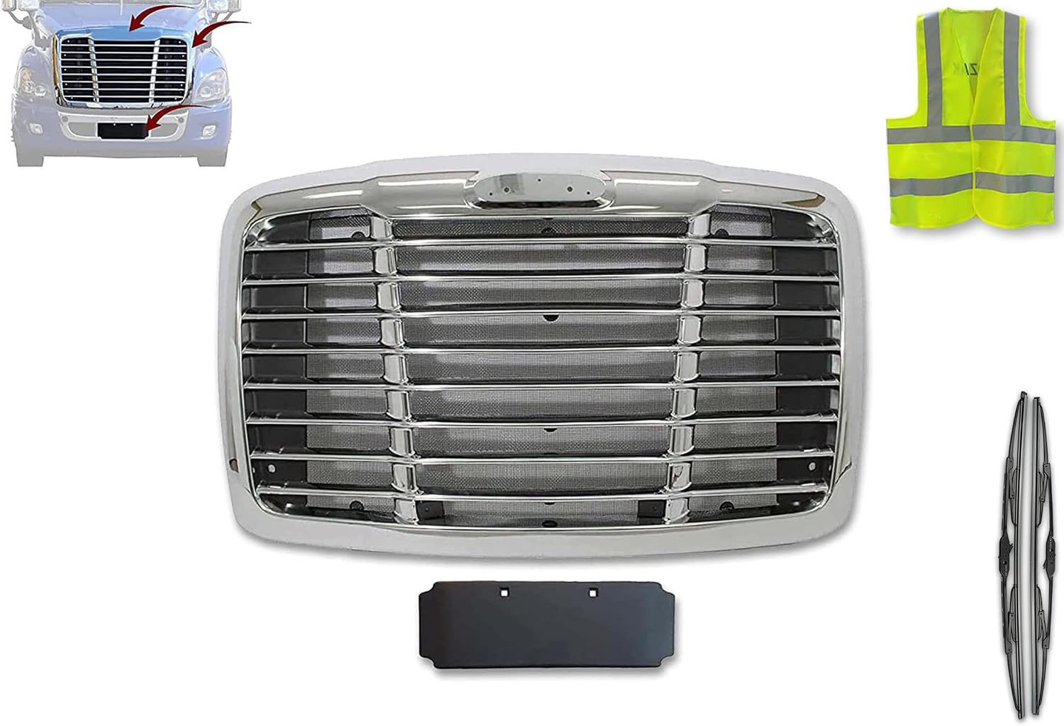 Compatible with Freightliner Cascadia 2008-2016 Truck Chrome Triple Plated Front Hood Radiator Grille With Bug Screen A17-19112-000 A17-15624-003 PLUS Logo, Wipers, Plate Holder and Vest