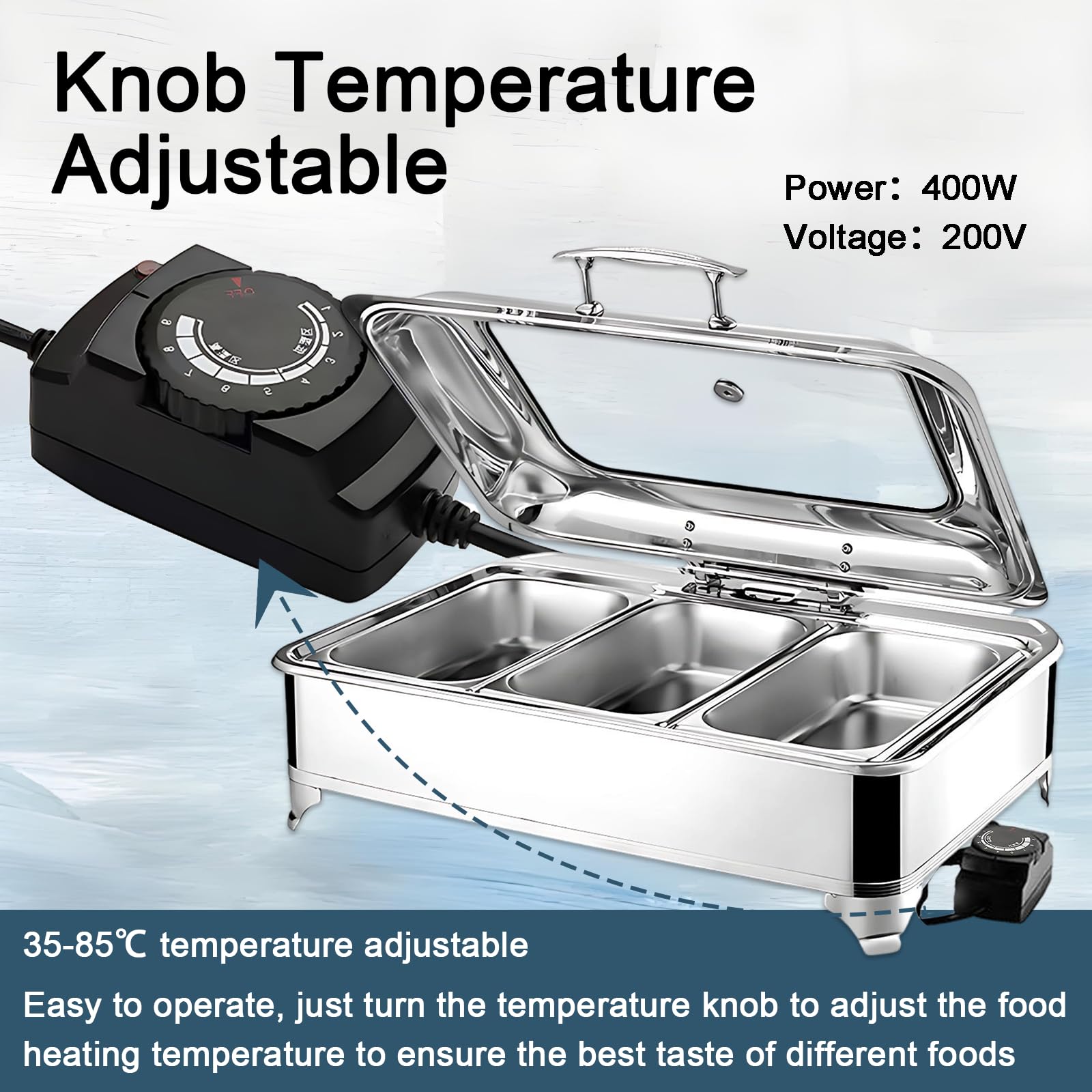 Chafing Dish Elettrico Temperatura Regolabile, 9L, 400W(1/3 Pan) | Scaldavivande Elettrico Buffet Professional in Acciaio Inox, Contenitore Scalda Cibo per Buffet, Ristoranti, Hotel