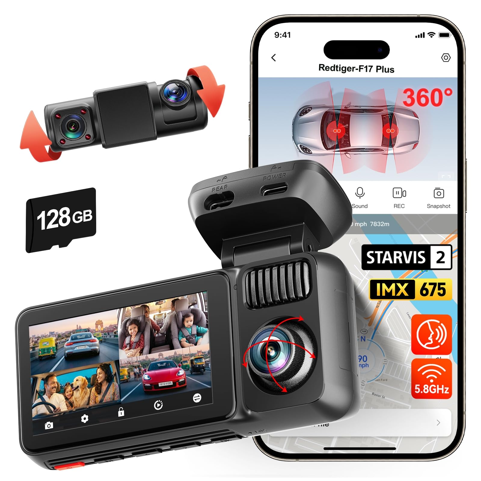 REDTIGER F17 Plus 4 Channel Dash Cam, 2.7K+3*1080P Car Camera, 360° View with Dual Rotatable Inside Lenses, STARVIS 2 IMX675, IR Night View, Free 128GB Card, 5GHz WiFi GPS, Voice Control, Touchscreen-image-36