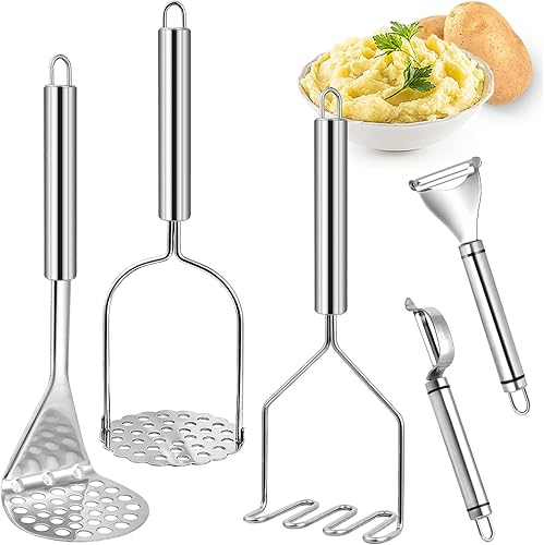 Elesunory Paquete de 3 machacadores de patatas y 2 unidades de pelador de papas, triturador de papas de mano de acero inoxidable, múltiples formas