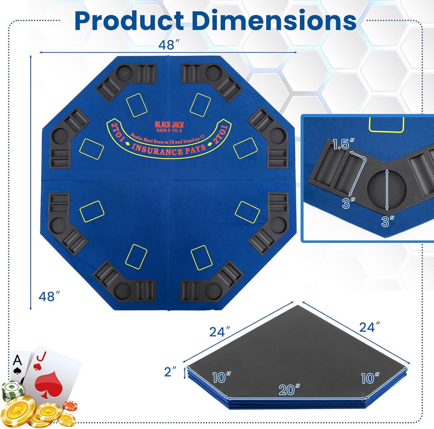 GLACER Folding Poker Table Top 8 Player, 48" Poker Topper Mat w/Cup Holders, Chips Tray, Carrying Bag for Texas Hold'em Casino, Blackjack, Home Cards Game Nights (Blue)