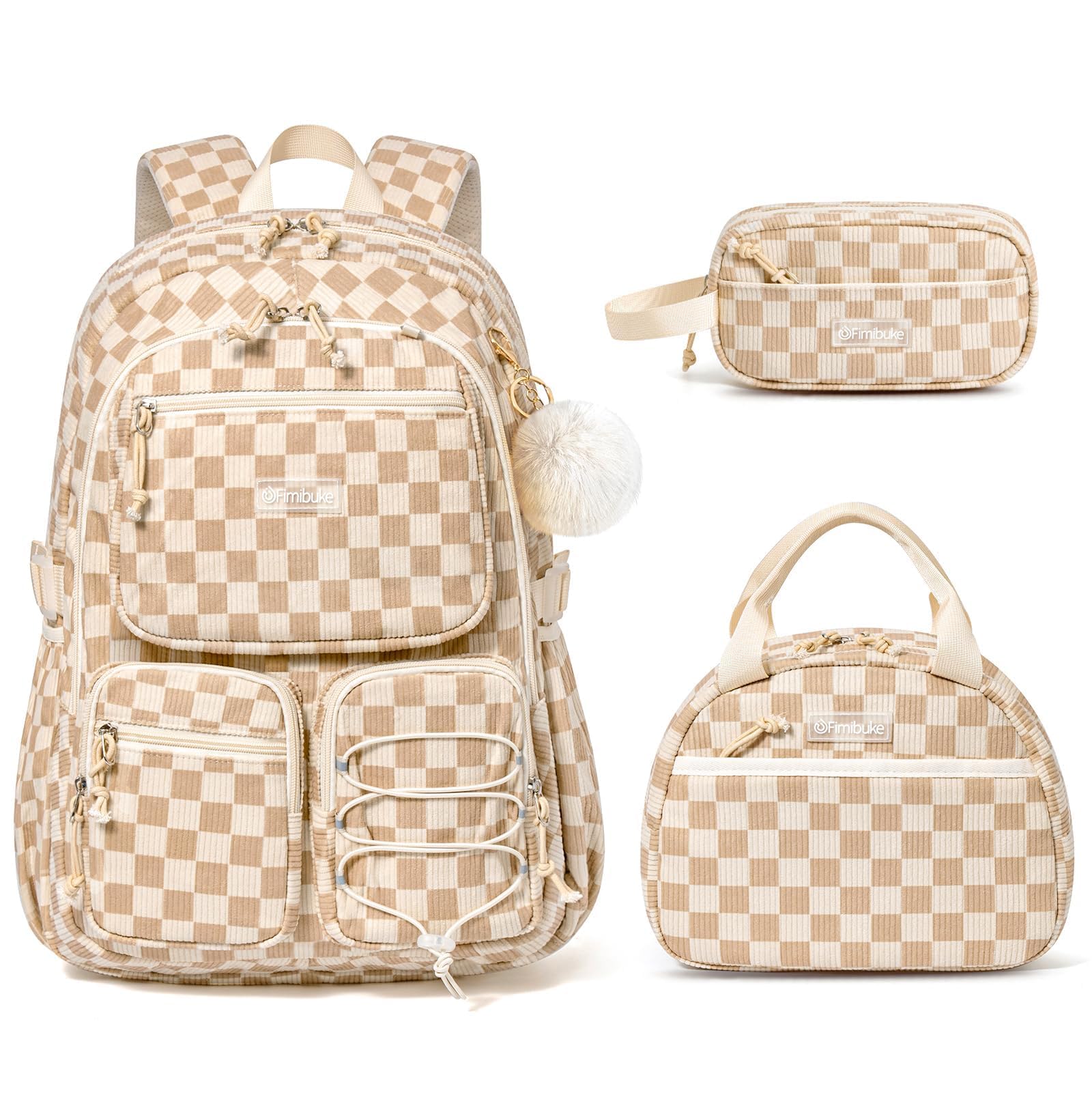 Fimibuke Corduroy Backpack for Girls, 3PCS Kids Backpack with Lunch Box | with Pencil Pouch, Lightweight Teen Girls School Ba