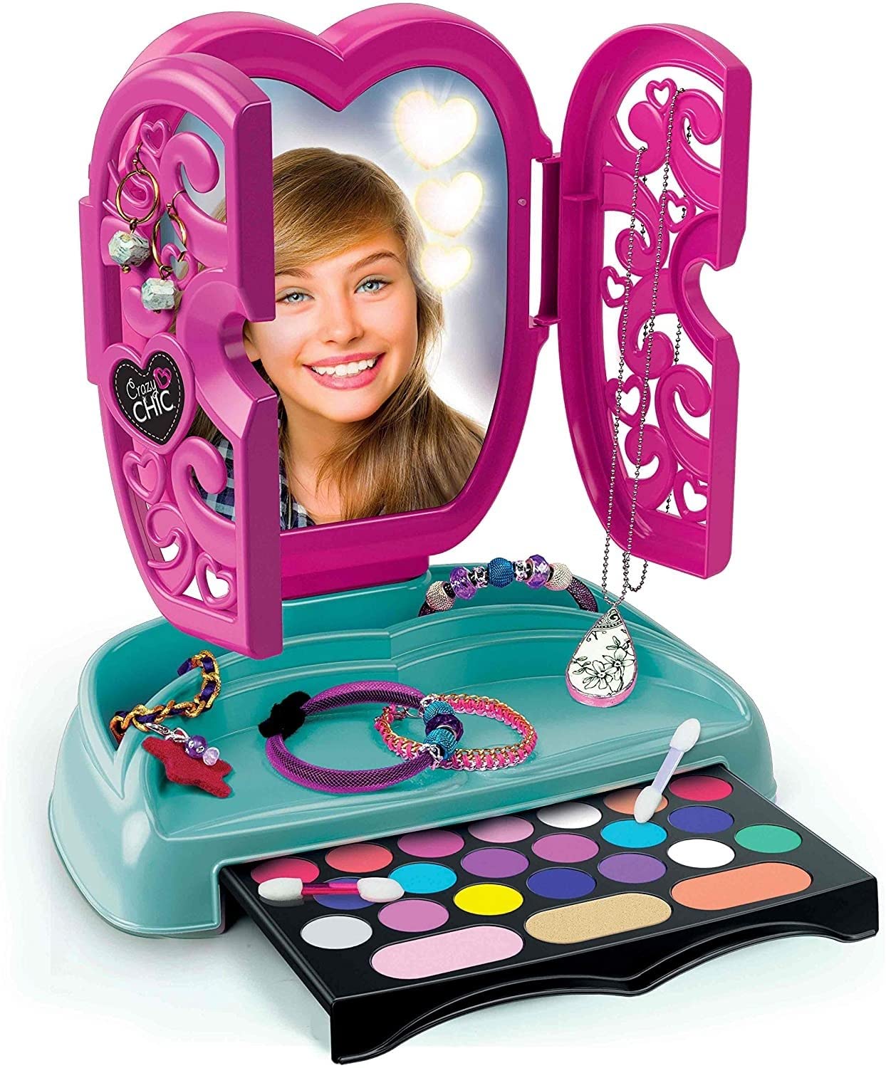 Clementoni - 18541 - Crazy Chic Make Up - Le Miroir à Maquillage - Miroir avec Rangements pour Bijoux et Palettes de Fond de Teint + Lumières - Jeu de Maquillage pour Enfants