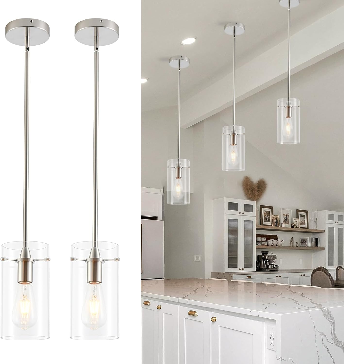 2 Pack Pendant Lights Kitchen Island, Adjustable Hanging Glass Pendant Light Fixtures, Brushed Nickel Pendant Lights Kitchen Island, Modern Kitchen Pendant Lighting Over Island