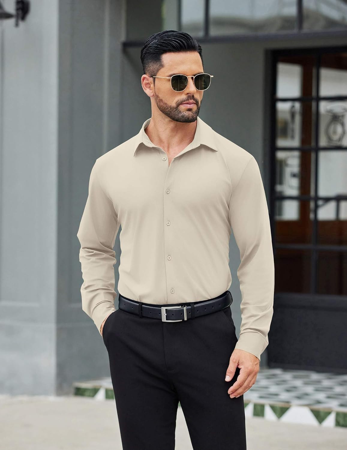 COOFANDY Mens Stretch Dress Shirts Muscle Fit Wrinkle Free Long Sleeve Button Down Shirt Business Casual Shirts