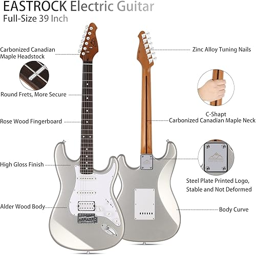 Miniatura 2 de EASTROCK Kit de guitarra eléctrica de tamaño completo de 39 pulgadas, soporte profesional portátil, gris