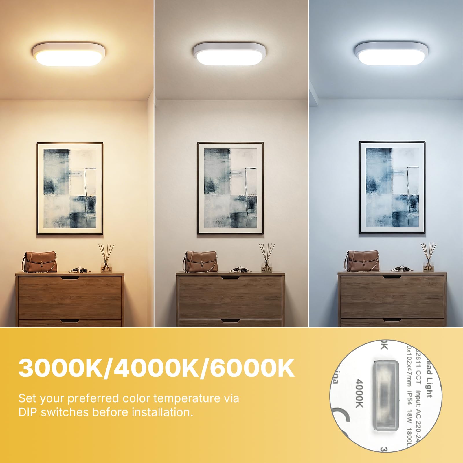 Plafoniera LED Esterno, 18W 1800LM Applique da Parete Interno, IP54 Lampada Led Soffitto Ovale Luci, 3000K/4000K/6000K Applique Bagno Luce per Balcone Scale Corridoio Garage, 2 Pezzo