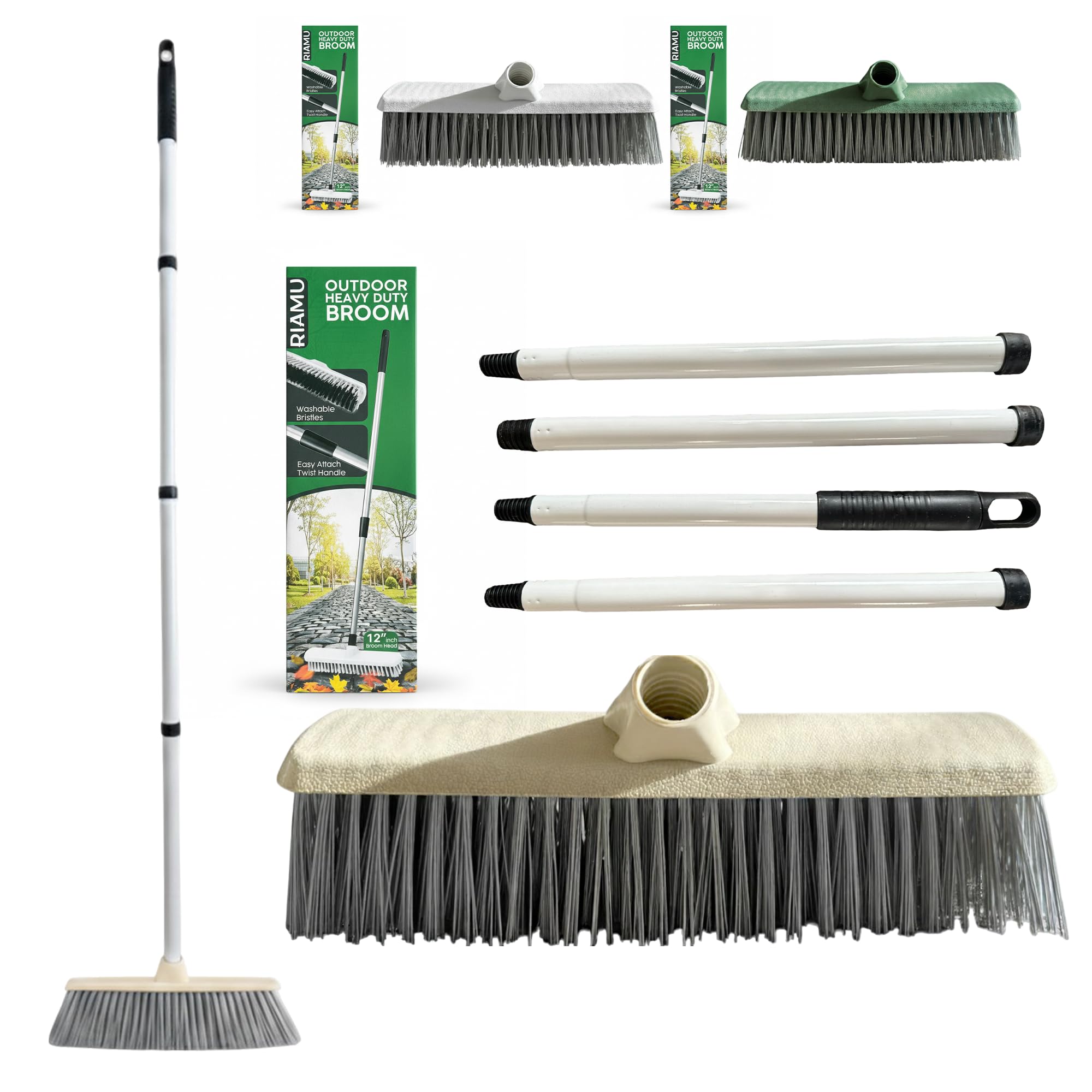Garden Broom Outdoor Heavy Duty 12" with Stainless Steel Handle 2-in-1 Yard Brush Stiff Hard Bristle Sweeping Brush for Patio Driveway Paths Decking Strong Handle Broom for Leaves & garden Cleaning