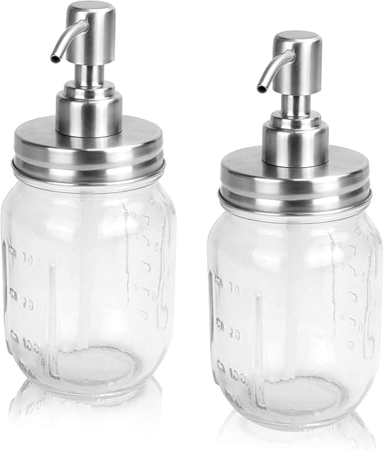 Mason Jar Soap Dispenser - Set of 2 | Glass Dispenser Jars | 500ml Bathroom Refill Dispensers | Washing Accessories | Housewarming Gifts | Hand Soap | M&W