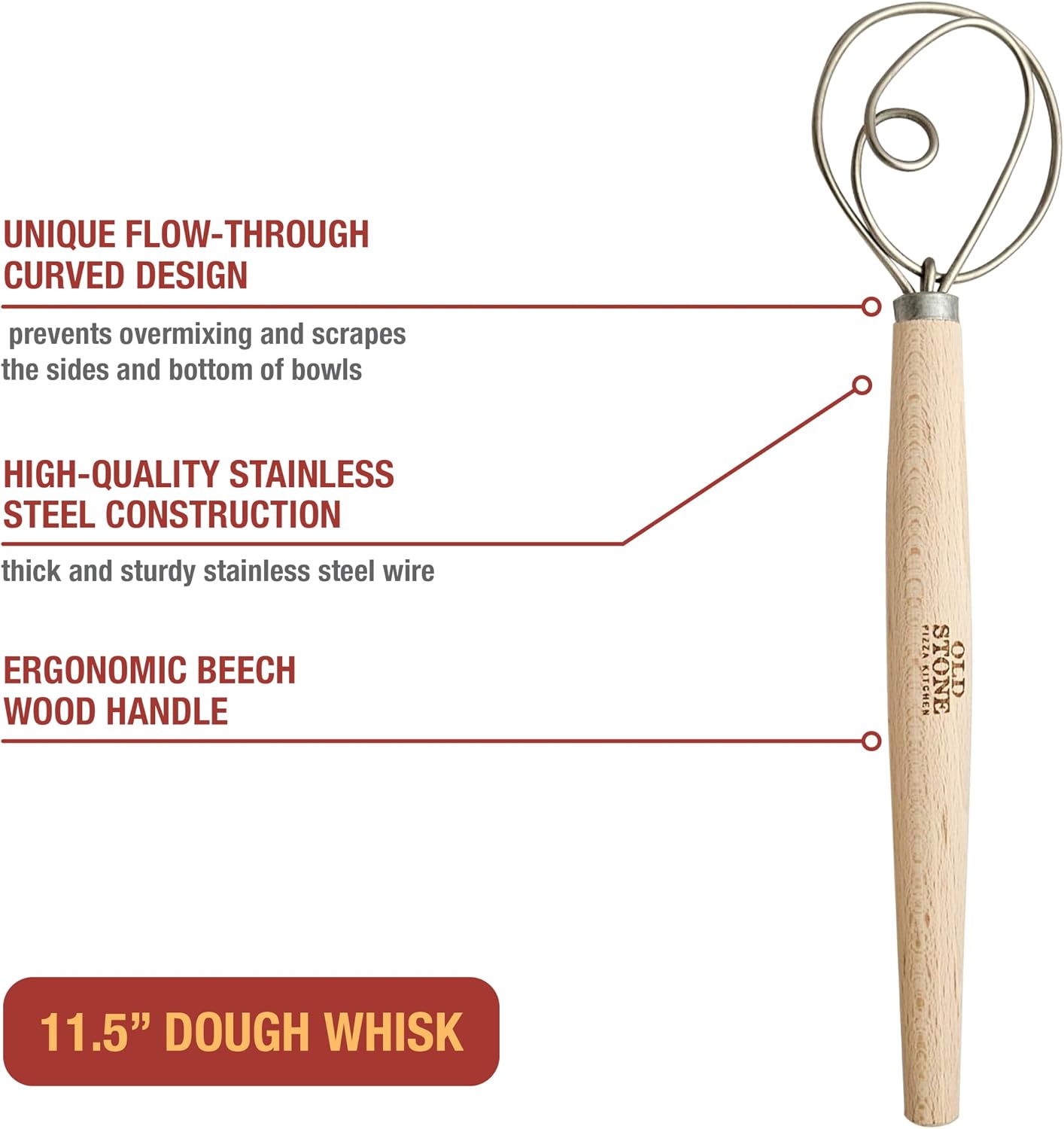 Old Stone Danish Dough Whisk for Bread Baking, Sourdough, and Pizza Dough, Dutch Whisk, Made in Poland, 11.5-Inch