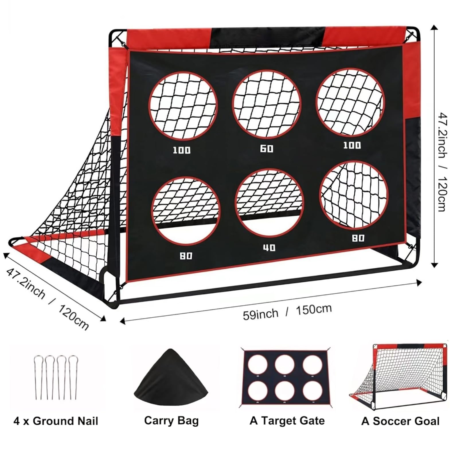 Porta da calcio portatile design 2 in 1, rete da calcio pieghevole per allenamento all'aperto con 5 zone bersaglio, tessuto Oxford 450D 59x47,2x47,2 pollici