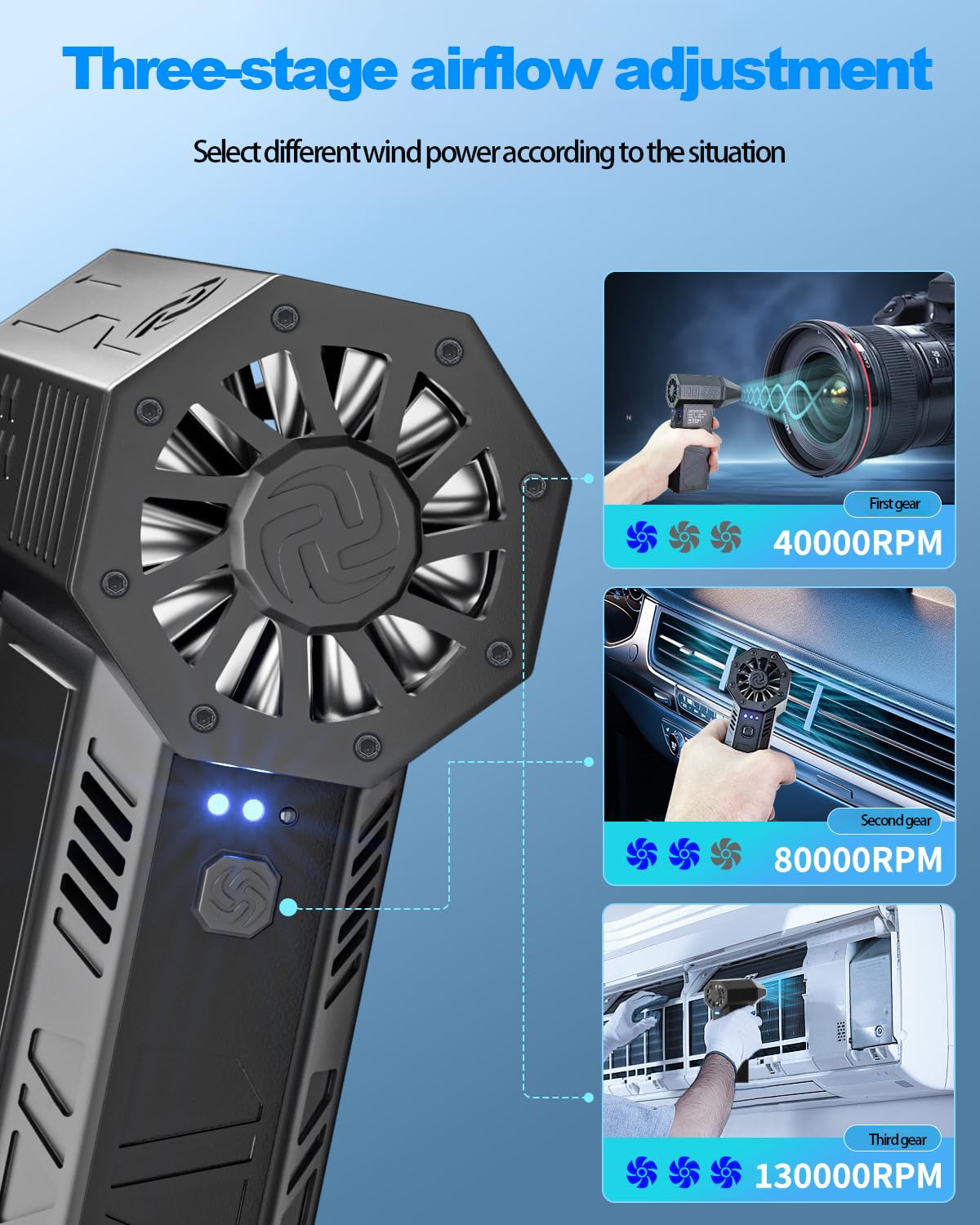 Piglulu Electric Air Duster-130000RPM Super Power Cordless Air Duster, Rechargeable Brushless Motor Durable Blower, 3-Gear Adjustable Dust Blower for Computer, Keyboard, Outdoor, House and Car