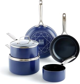 Blue Diamond Cookware Batería de Cocina Antiadherente de Ceramica Infuso de Diamantes, 7 piezas, Incluye Sartén, Cacerola, Aluminio, Sin PFAS, Inducción, Horno y Lavavajillas, Azul