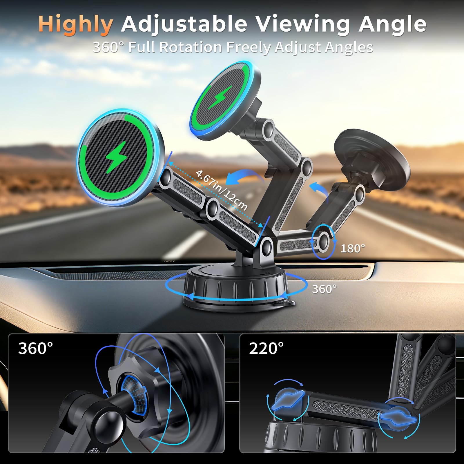 SNGOAM Supporto magnetico per auto MagSafe, supporto magnetico per telefono per il cruscotto o il parabrezza, caricatore magnetico regolabile wireless per auto, ricarica rapida, supporto per telefono