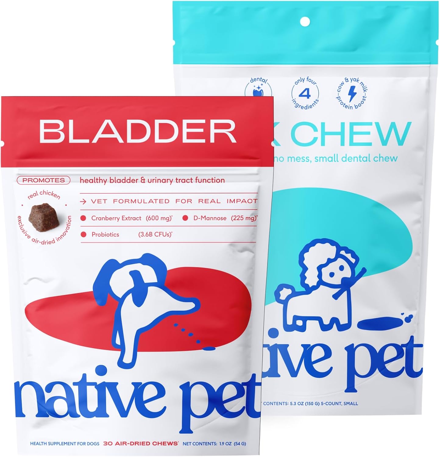 Native Pet Bladder & Dental Health Bundle: Bladder Chews for Dogs (30 Air-Dried Chews) & Yak Chews for Dogs (5 Small Chews) – UTI Treatment & Prevention Plus Dental Sticks Made with Yak Cheese