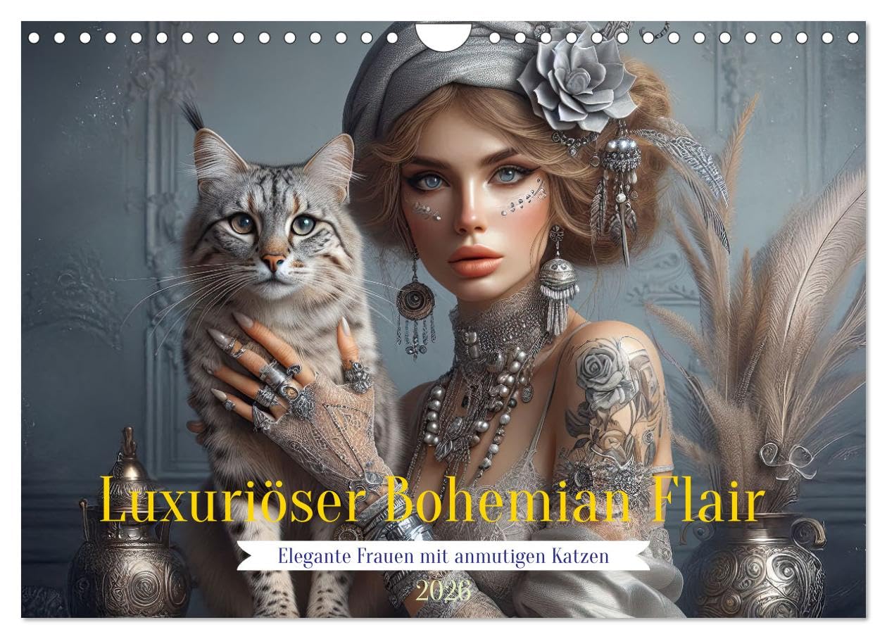 Luxurious bohemian flair - Elegant women with graceful cats UK-Version (Wall Calendar 2026 DIN A4 Landscape), CALVENDO 12 Month Wall Calendar — image 1