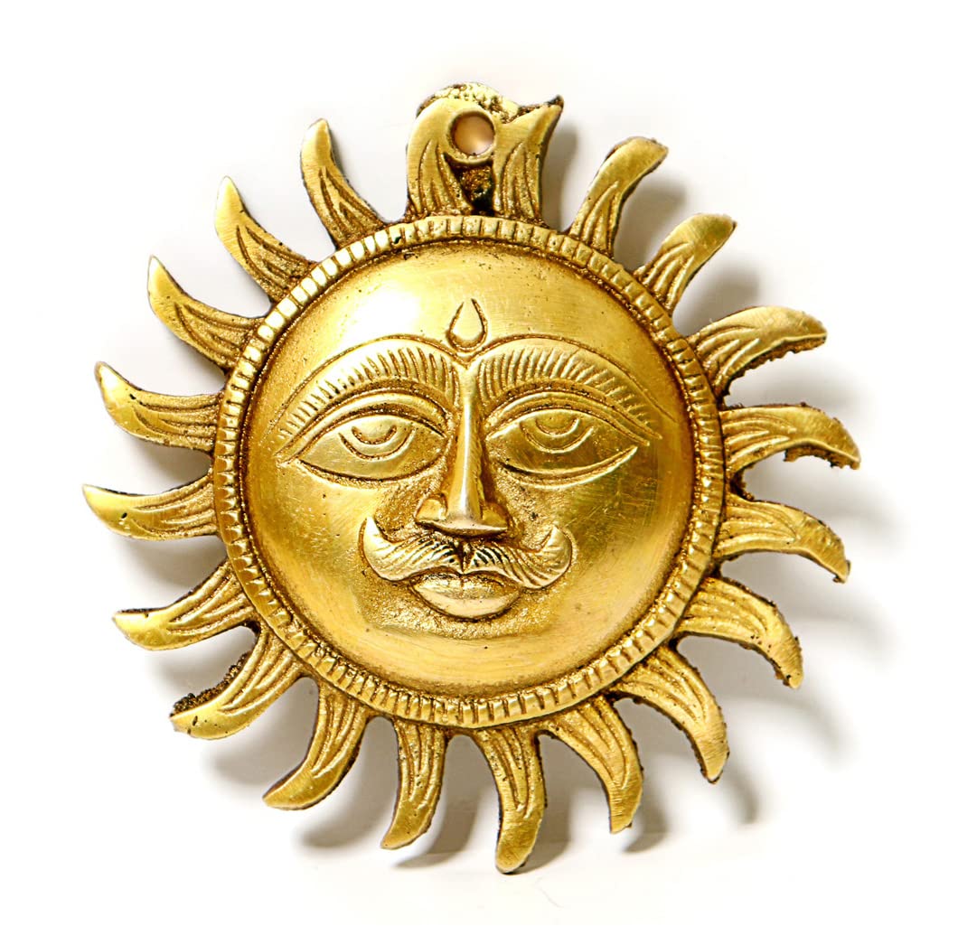 P.J.Handicrafts™ Brass Rising Sun Wall Hanging for Home Decore, Sun Face for Positivity at Home & Office, Yellow, 3" X 3" (Wt- 110 Grams)