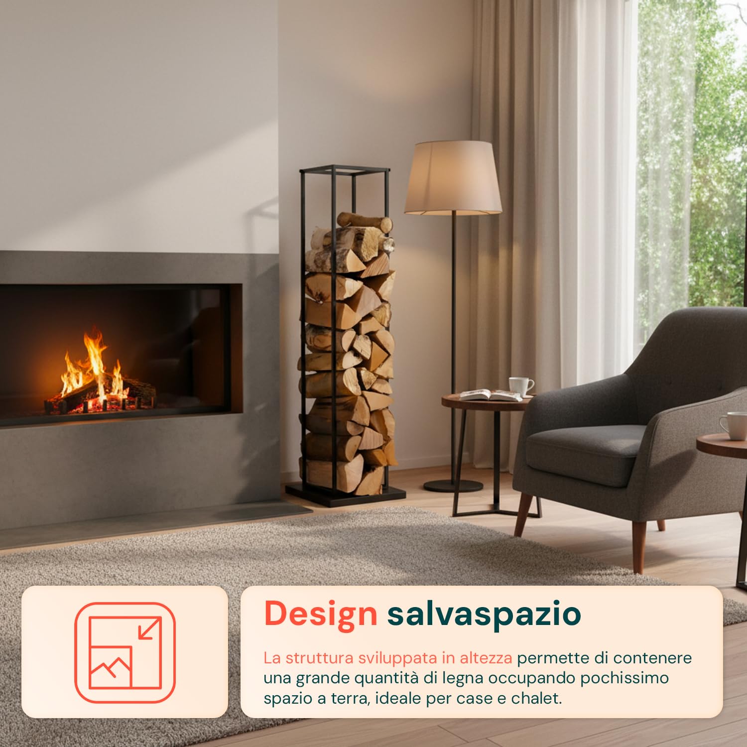 Avilia – Portalegna da Interno in Metallo 33×33×115 cm per Camino e Stufa, Design Verticale Salvaspazio, Facile da Montare e Ultra-Resistente, Ideale per Riporre Legna da Ardere