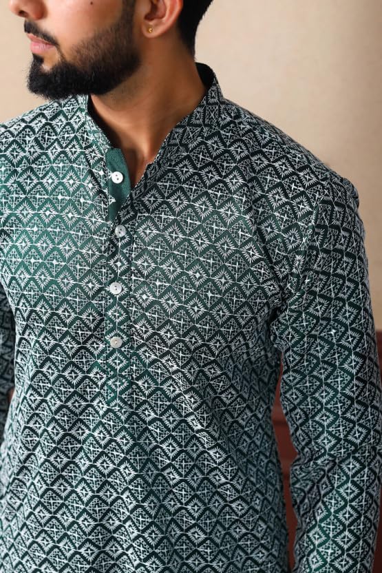 Image of ALMORA Men's Embroidered with Thread Work and Cotton Blend Only Slim Fit Kurta for Men