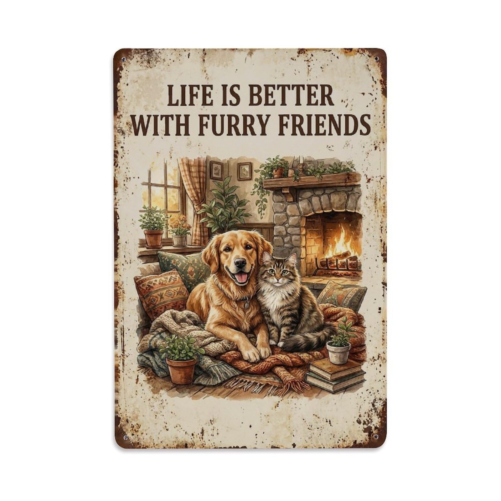 Okngb Style Folk Nature Quote Better With Furry Inspirational Metal Tin Sign Plaque Wall Decor For Cafe, Man Cave, Club Bar, Office, Home Garden Round Metal Poster 8X12inch