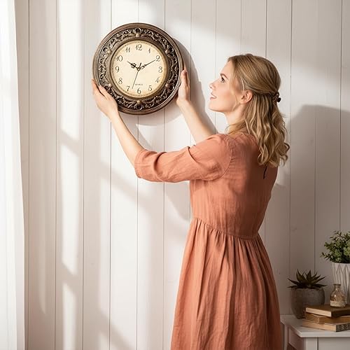 Miniatura 4 de Reloj de pared silencioso de plástico, relojes de pared grandes vintage de 13 pulgadas, reloj de baño redondo que funciona con pilas, relojes