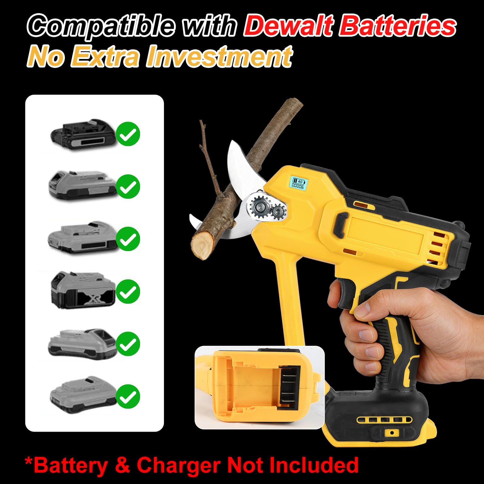 Sécateur Électrique Sans Fil, Compatible avec Dewalt 18V/21V, Sécateur a Batterie, Coupe Branche Électrique, Diamètre de Coupe Max. 30 mm, pour Jardinage, Branches, Haies (Sans Batterie)