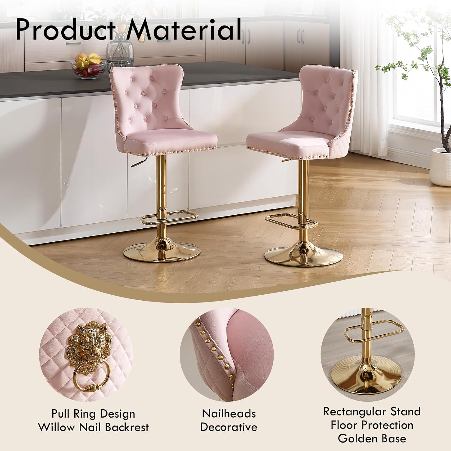 Velvet Bar Stools Set of 2, Adjustable Swivel Bar Stools with Golden Metal Legs and Footrest, Sturdy Steel Base with Rubber Ring for Kitchen Island, Home Bar, Dining Room, Cafe (Pink)