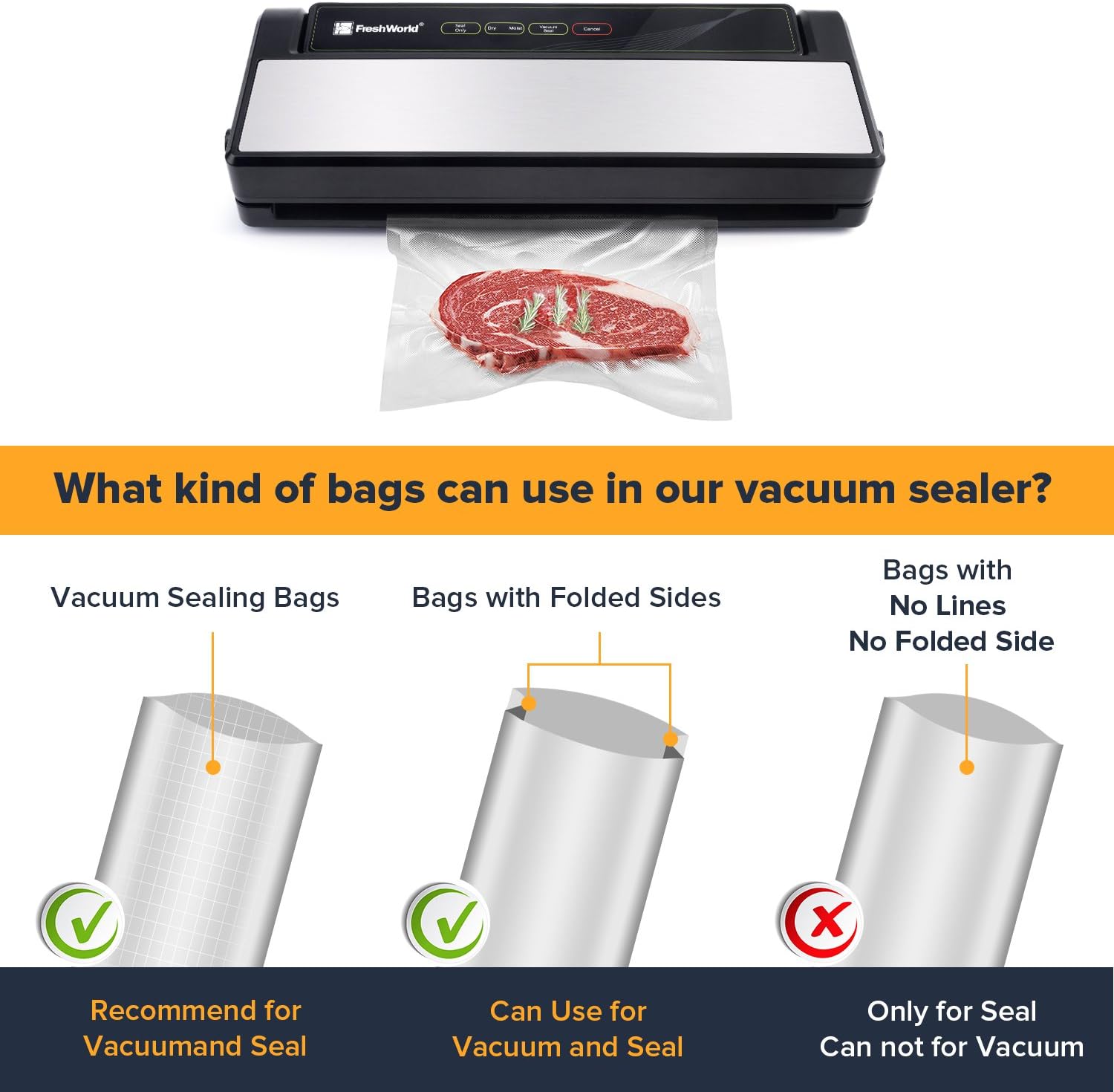 Fresh World Vacuum Sealer Machine, Food Sealer Machine 75KPA Automatic for Food Saving Dry/Moist Mode, Air Suction Hose, One-Touch,High Suction Power Compact Design with 10 Vacuum Sealer Bags - Image 2